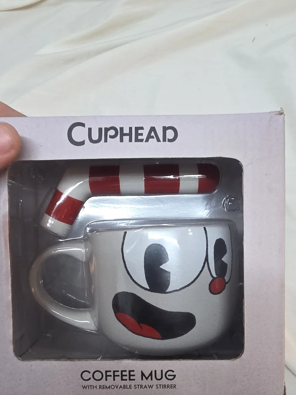 White Ceramic Coffee Mug with Red-Striped Removable Straw